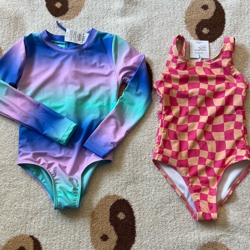 Girls' Lot Of 2 Rainbow Ombre Long-Sleeve One-Piece Swimsuit, One Piece Swim